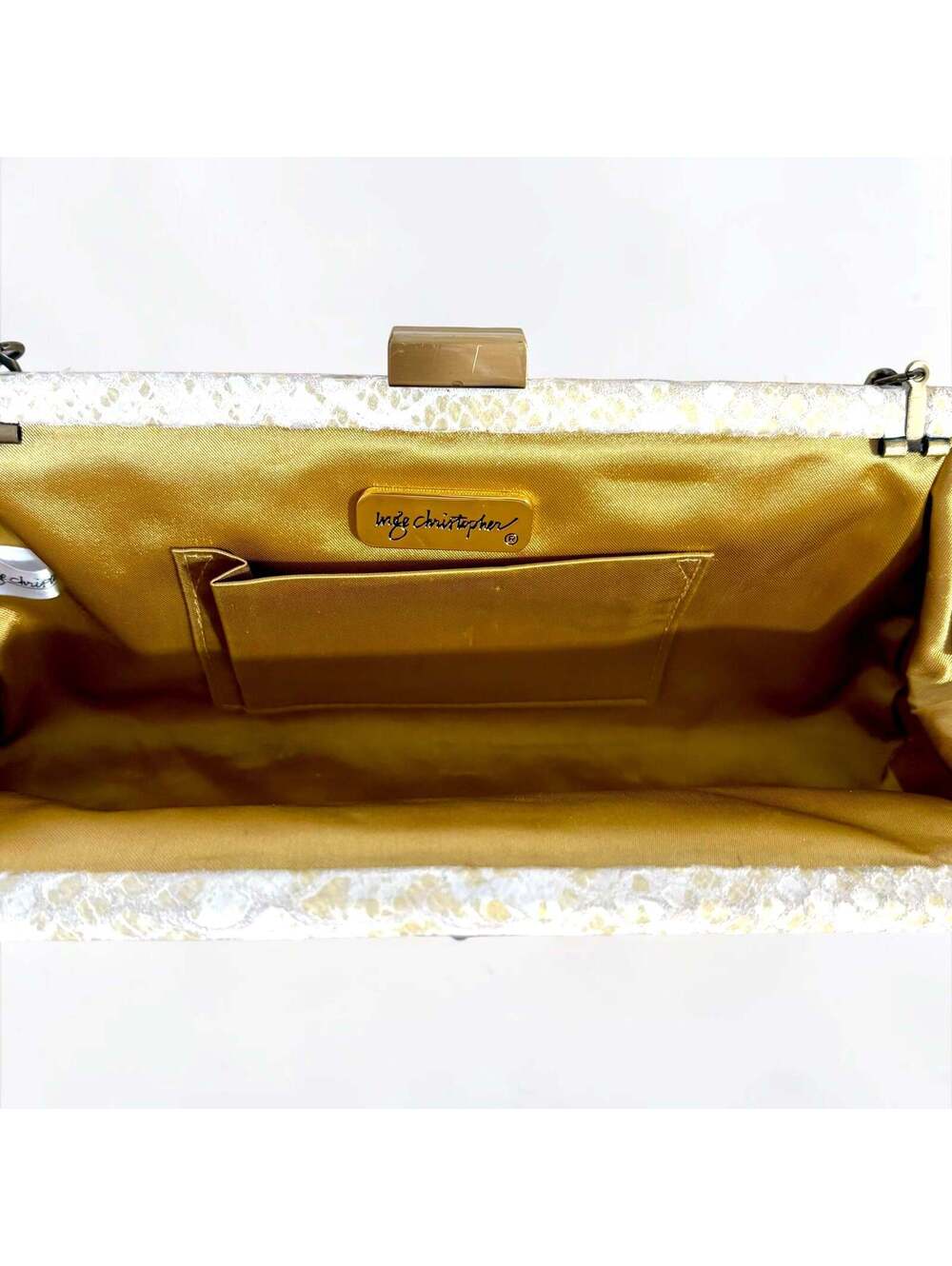 Inge Christopher Champagne Metallic Snakeskin Leather Frame Clutch Evening Bag - Picture 7 of 7